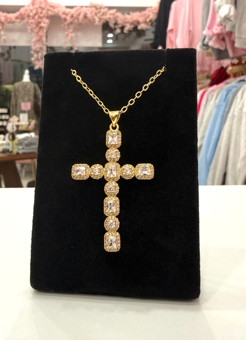 Ornate CZ Large Cross Gold Filled Necklace