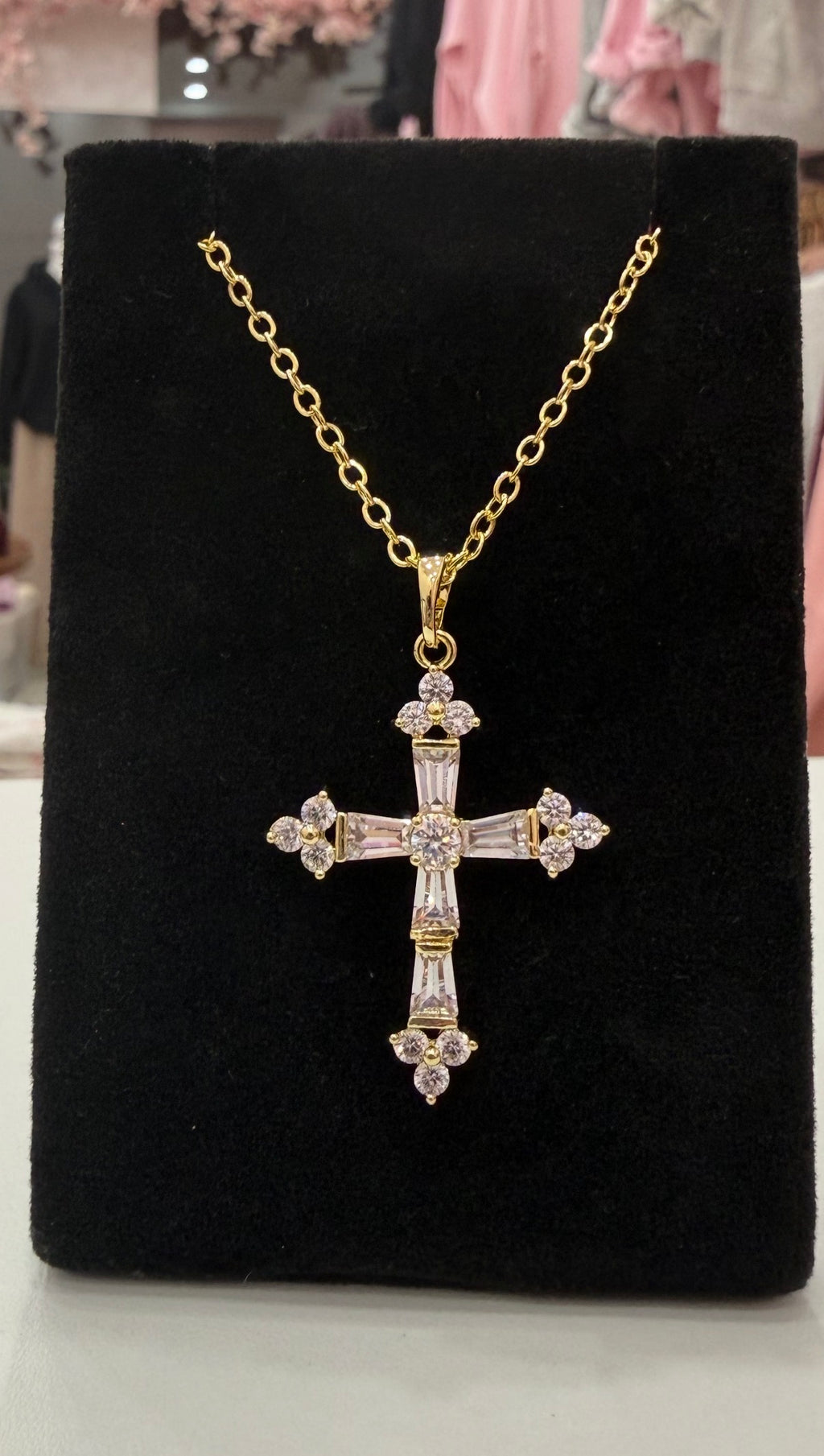 Baguette and Round CZ Medium Cross Gold Filled Necklace