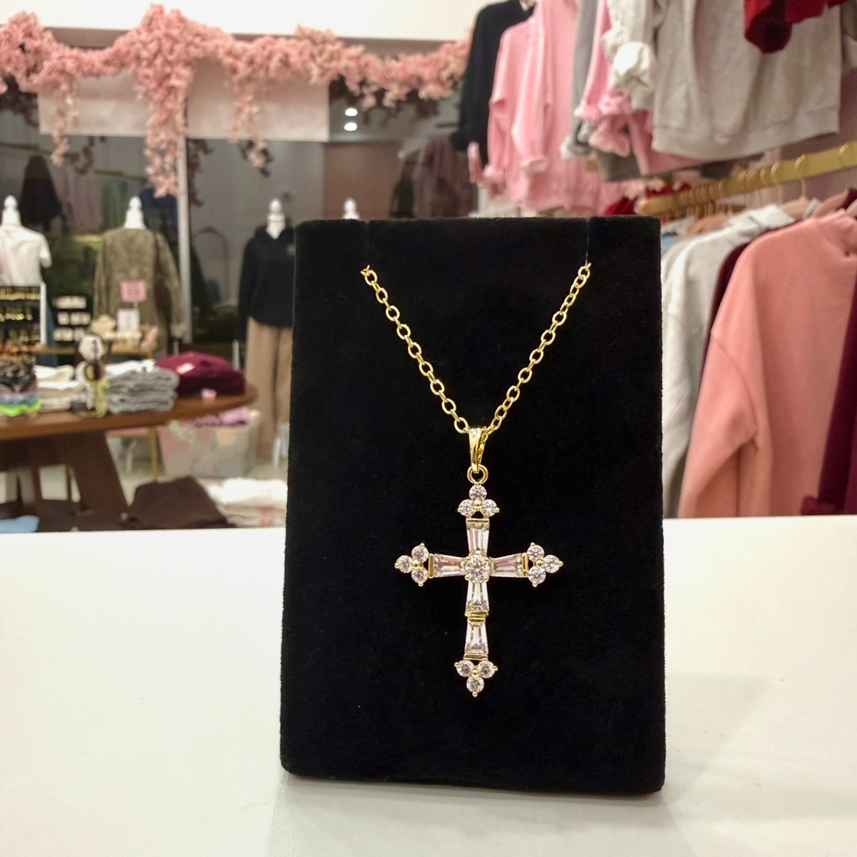 Baguette and Round CZ Medium Cross Gold Filled Necklace