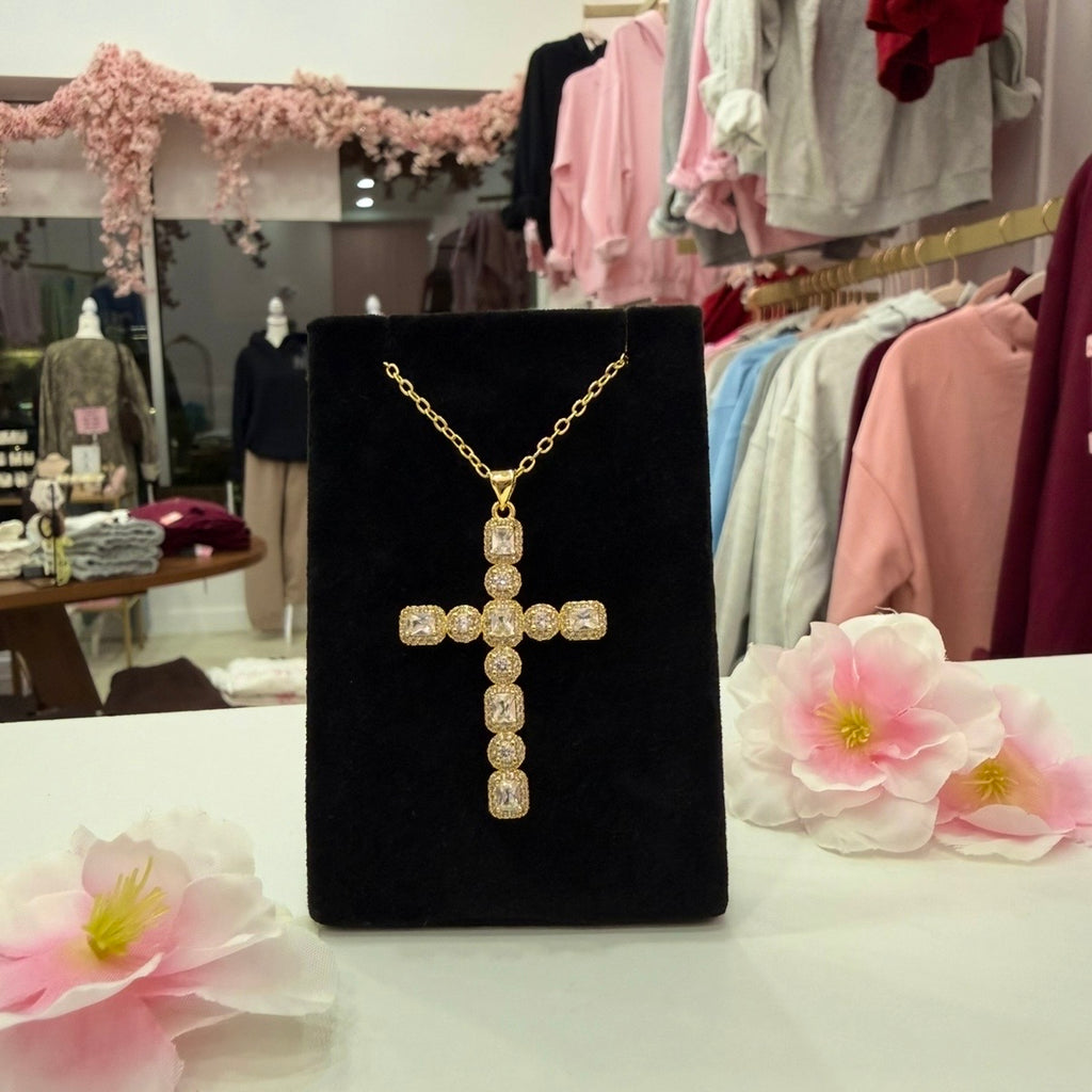 Ornate CZ Large Cross Gold Filled Necklace