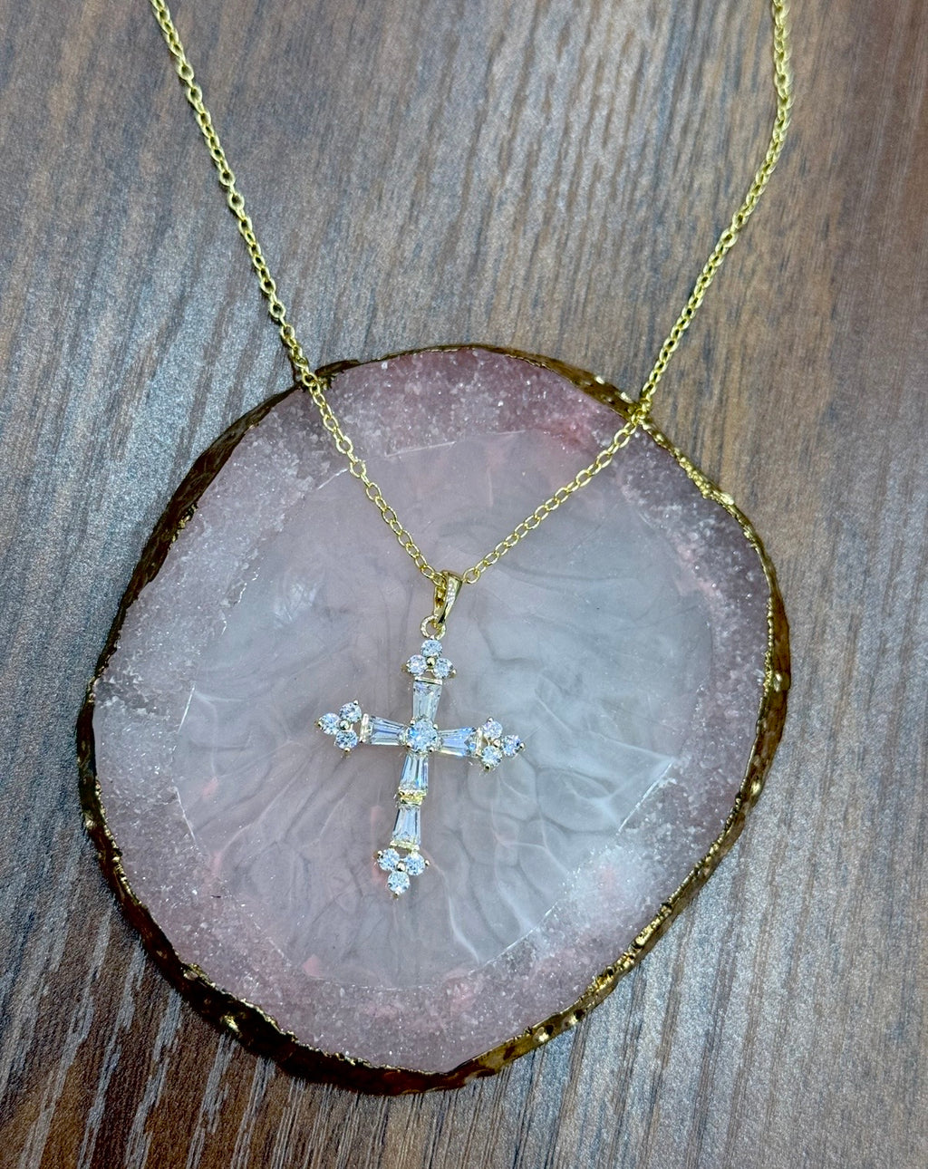 Baguette and Round CZ Medium Cross Gold Filled Necklace