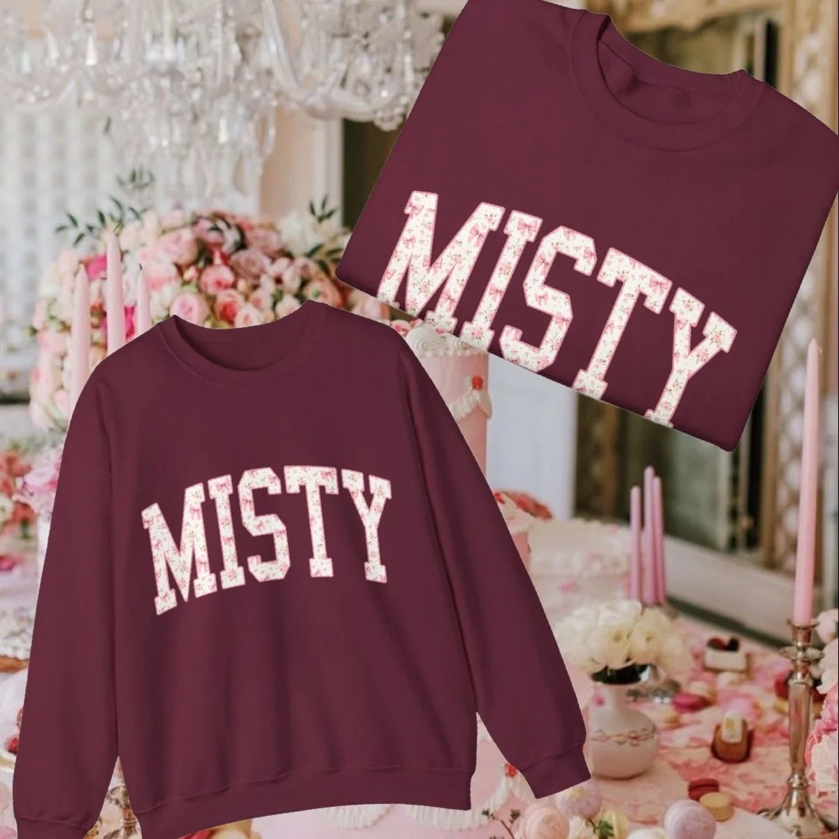 Misty Floral and Bows Graphic Sweatshirt in Wine (Adult/Tweens)