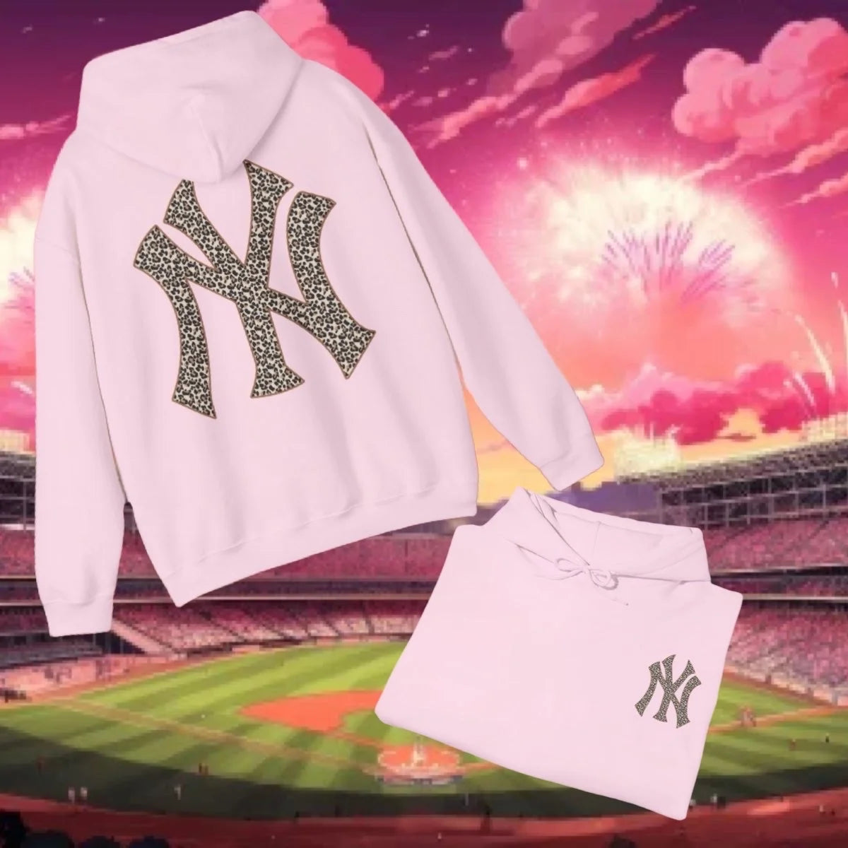 Yankees Inspired Leopard Graphic Sweatshirt in Pink (Adult/Tweens)
