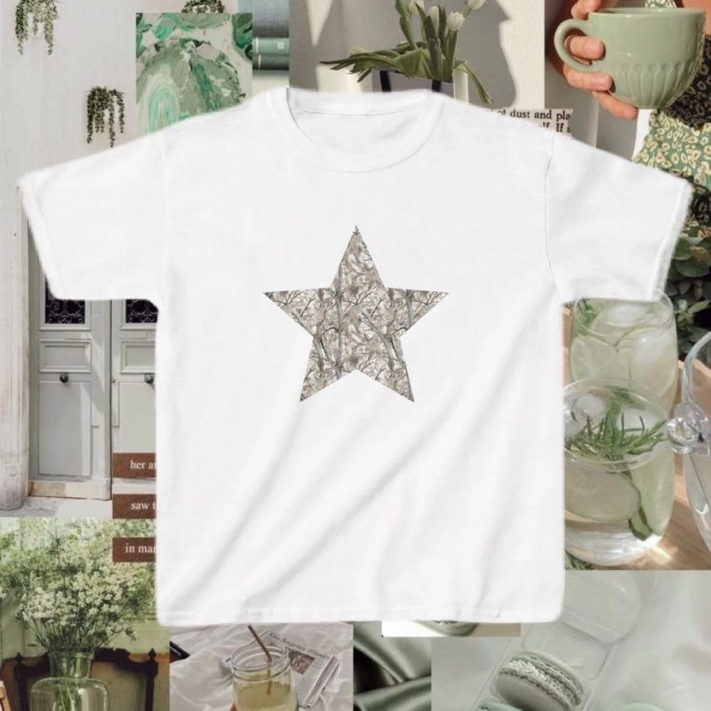 Camo Star Graphic Baby Tee in White (Adult/Tweens)