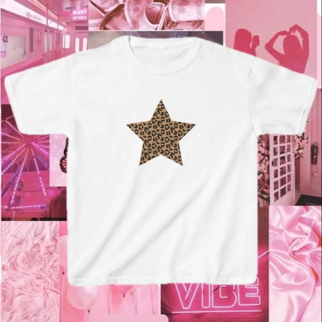 Leopard Star Graphic Baby Tee in White (Adult/Tweens)