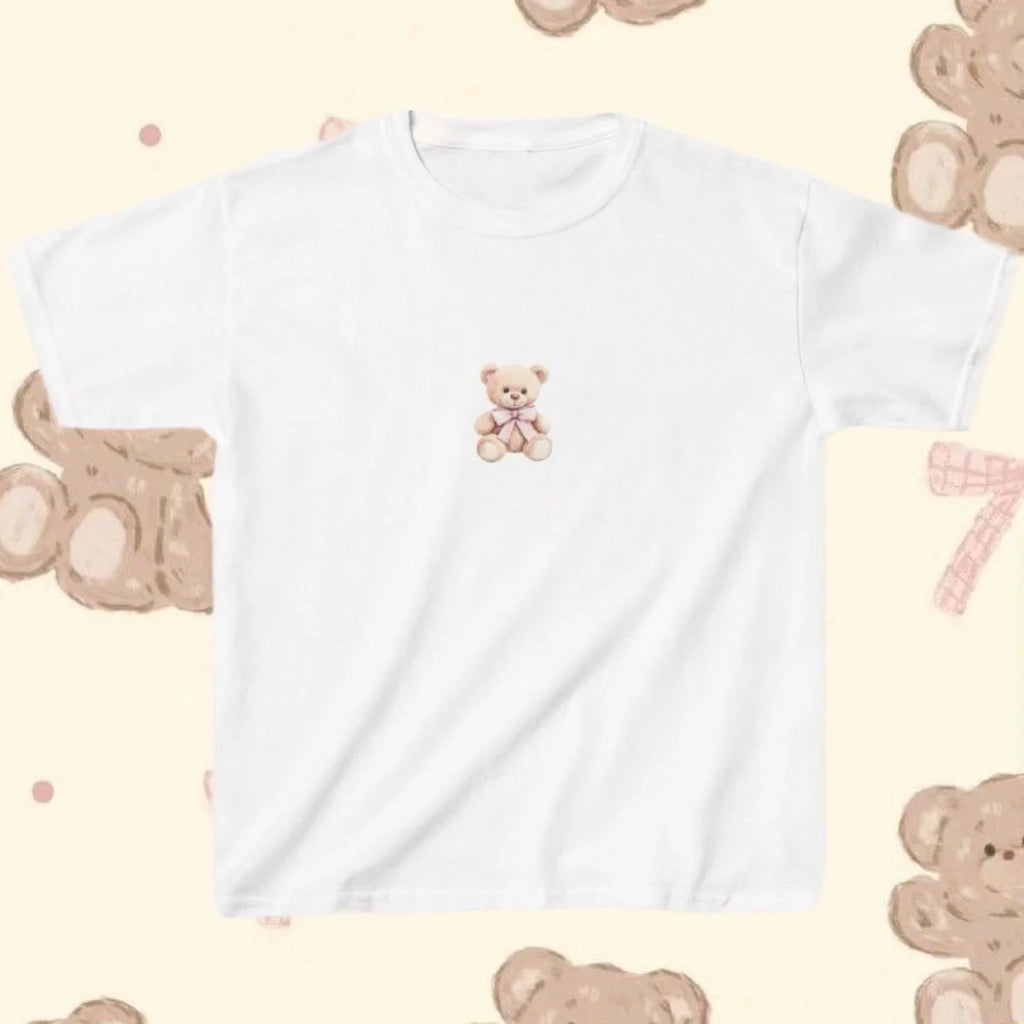 Teddy Bear Graphic Baby Tee in White (Adult/Tweens)