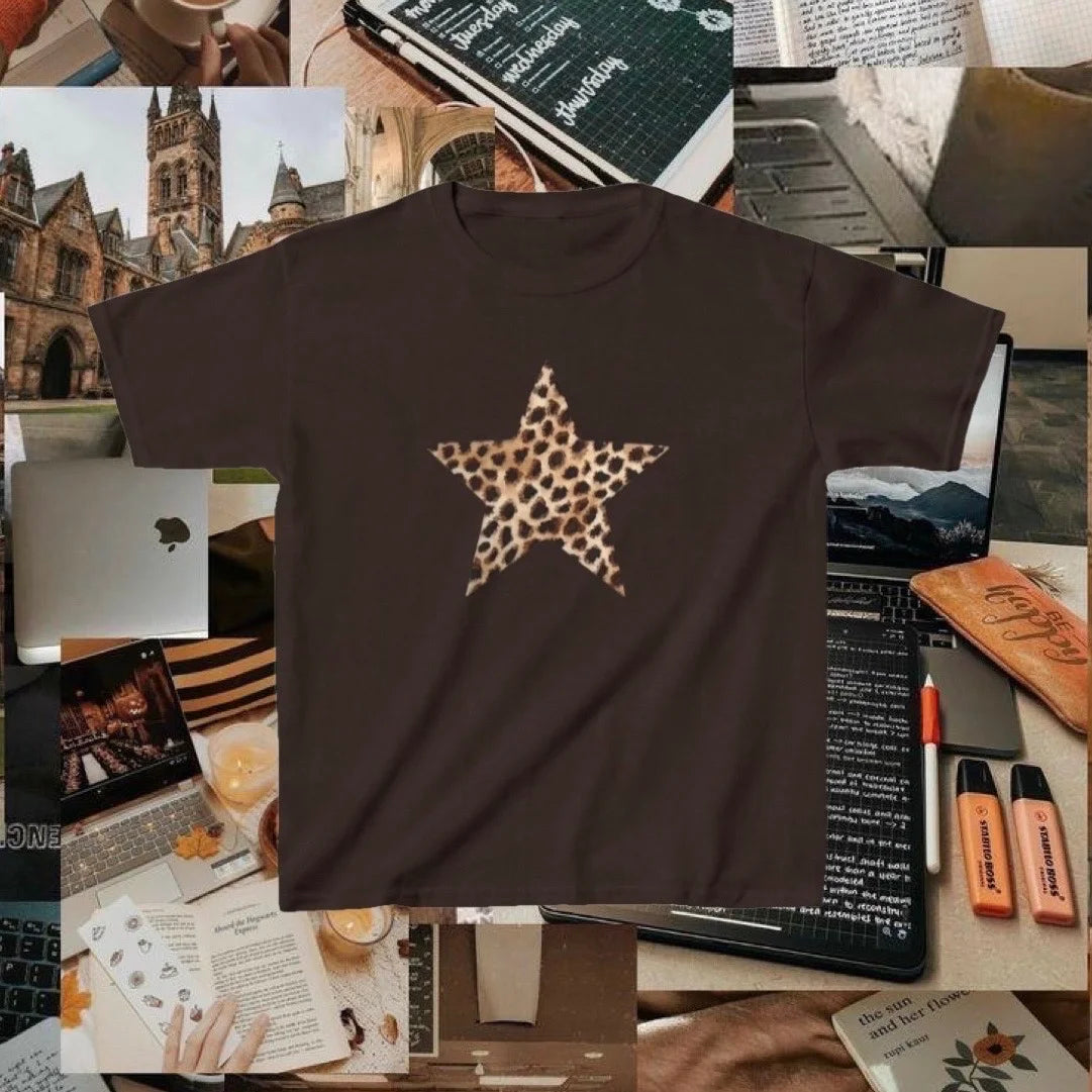Cheetah Star Graphic Baby Tee in Brown (Adult/Tweens)