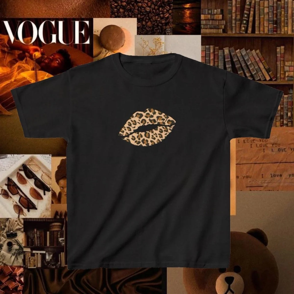 Leopard Lips Graphic Baby Tee in Brown (Adult/Tweens)