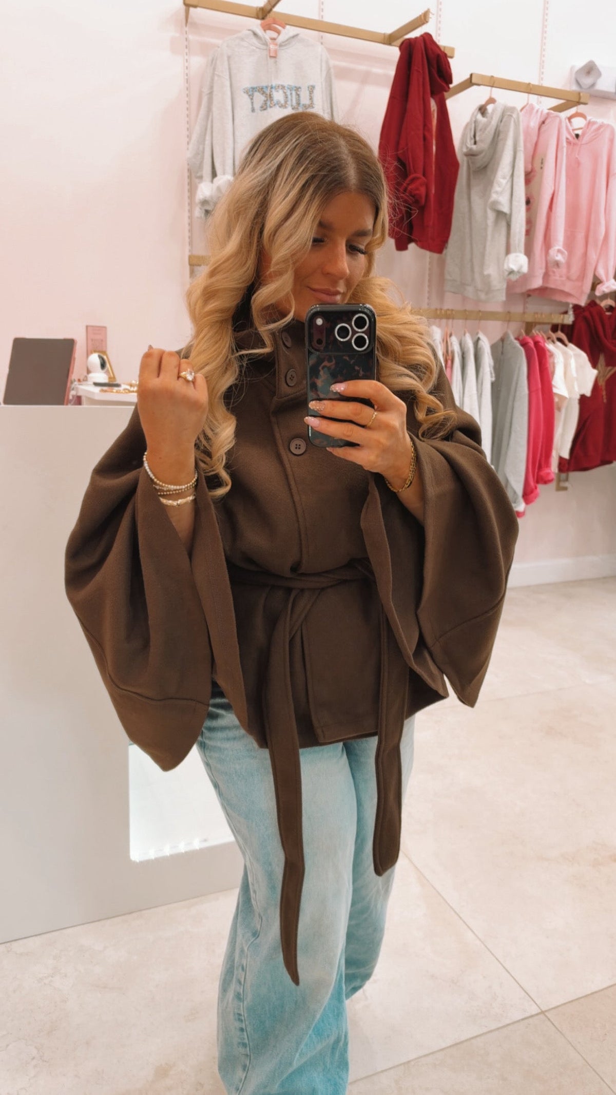 Tie Waist Button Funnel Neck Overcoat