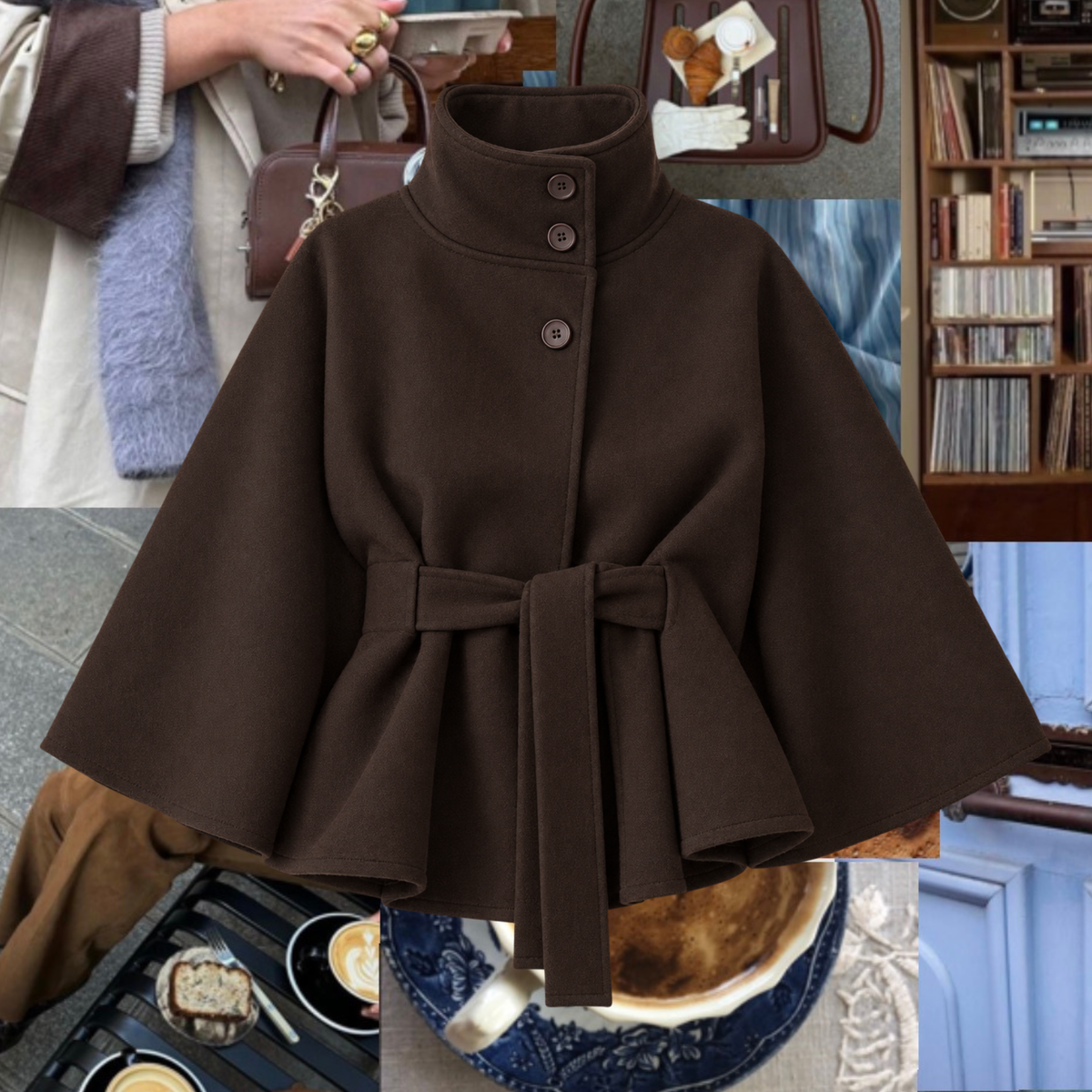 Tie Waist Button Funnel Neck Overcoat